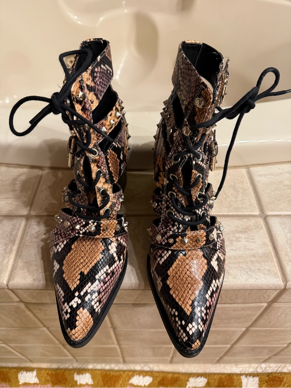 Sam Edelman Elana Snake-Print Pointed Lace-Up Boots in Peach, Brown and Black